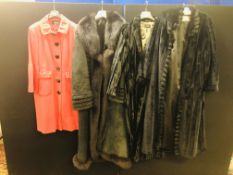 THREE DESIGNER BRANDED BLACK FAUX FUR LADIES FULL LENGTH COATS TO INCLUDE PER UNA,