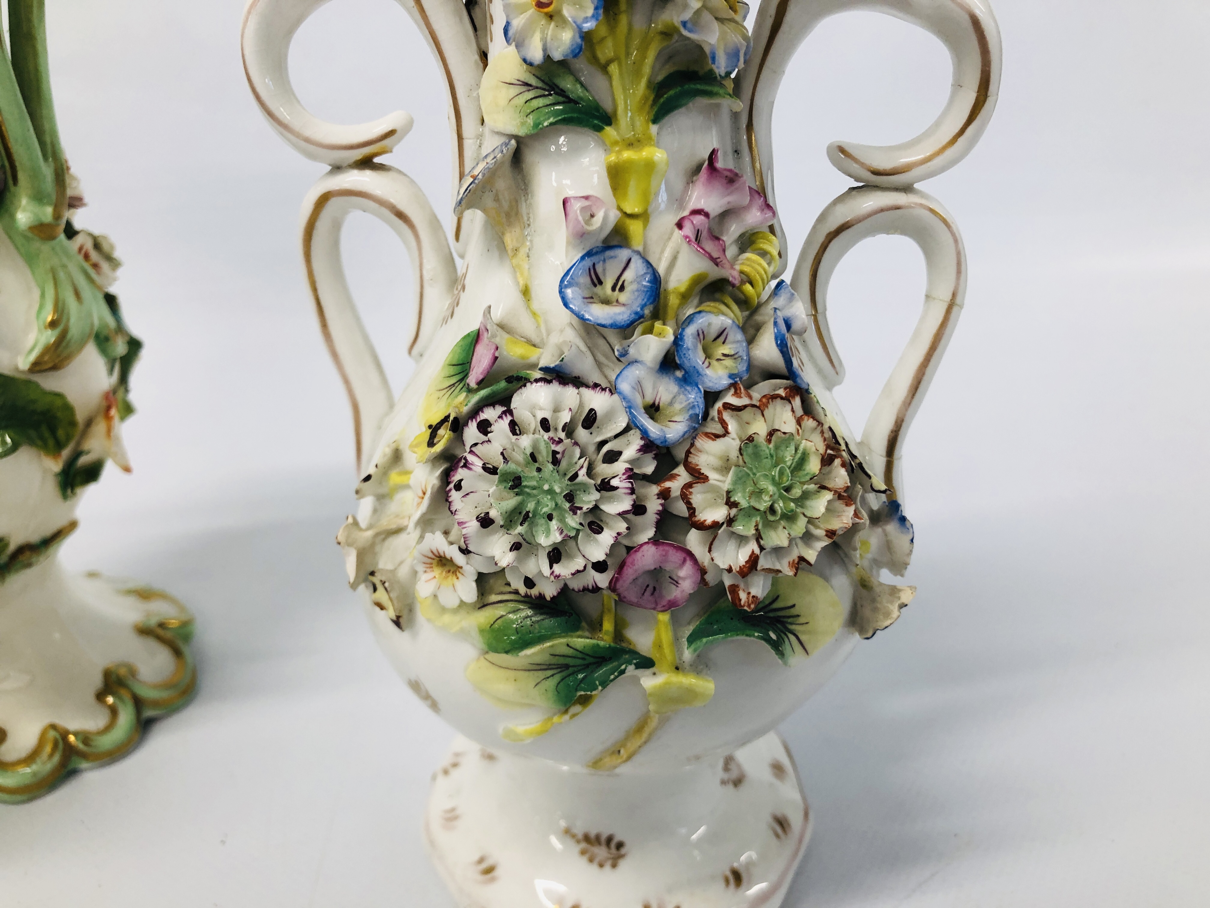 TWO C19TH STAFFORDSHIRE FLOWER ENCRUSTED TWO HANDLED VASES (ONE WITH RESTORED TOP THE OTHER WITH - Image 4 of 26