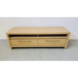 MODERN LIGHT OAK FINISH TWO DRAWER ENTERTAINMENT UNIT WIDTH 140CM. DEPTH 42CM. HEIGHT 46CM.