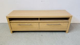 MODERN LIGHT OAK FINISH TWO DRAWER ENTERTAINMENT UNIT WIDTH 140CM. DEPTH 42CM. HEIGHT 46CM.