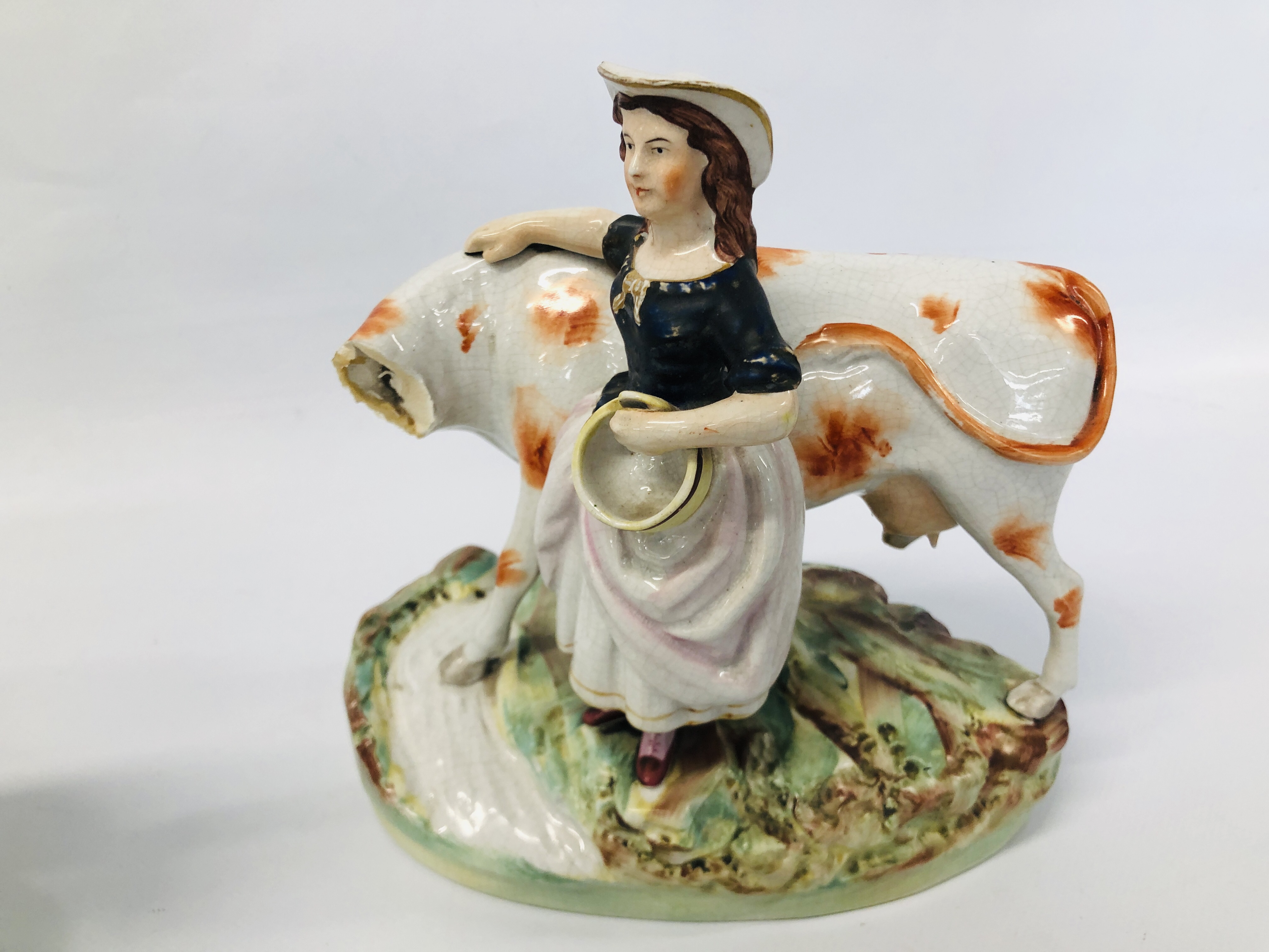 PAIR OF STAFFORDSHIRE TYPE FIGURES OF A MILK MAID AND A BOY STANDING BY A COW A/F HEIGHT 21CM. - Image 2 of 8