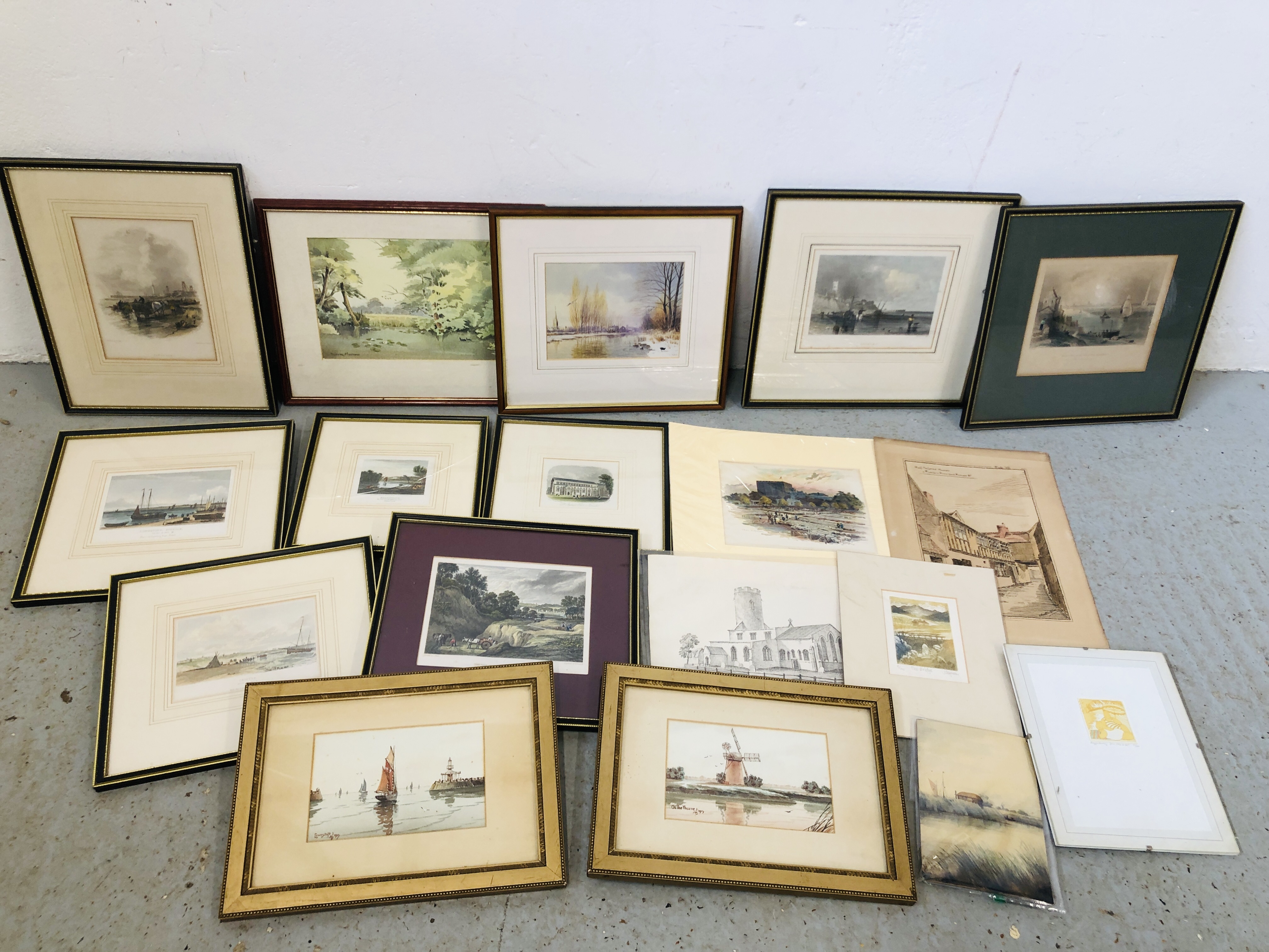 BOX OF ASSORTED VINTAGE ETCHINGS AND ORIGINAL ART WORKS MAINLY OF LOCAL INTEREST TO INCLUDE A PAIR