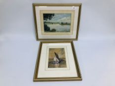 A FRAMED AND MOUNTED WATERCOLOUR OF "NORFOLK WHERRY" BEARING SIGNATURE A A TUCK 22.5CM. X 15CM.