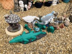 AN EXTENSIVE GROUP OF DECORATIVE GARDEN FEATURES TO INCLUDE CROCODILE, HERON, RABBITS, TORTOISE,