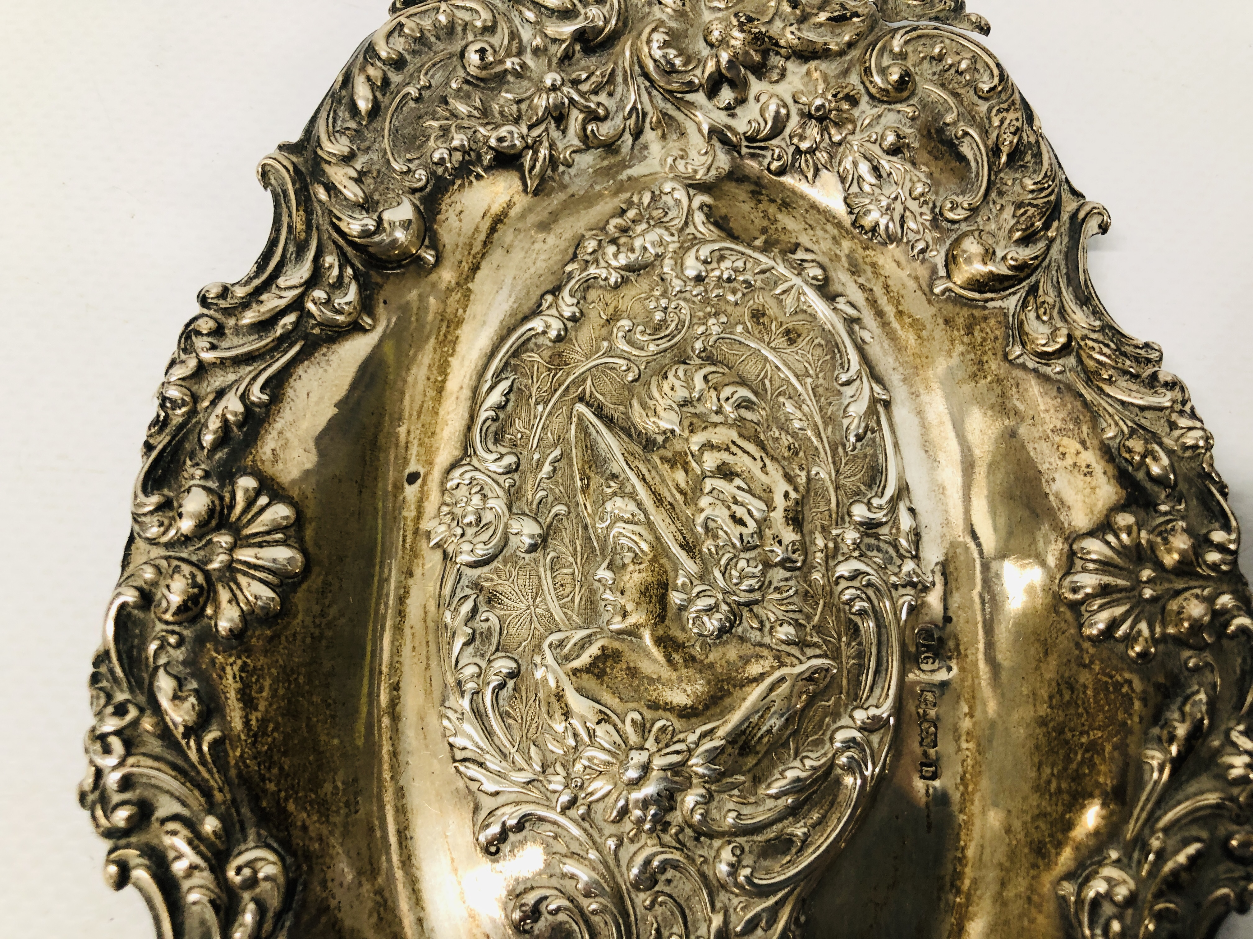 VINTAGE SILVER BACKED HAND HELD MIRROR ALONG WITH A VINTAGE SILVER DISH BIRMINGHAM ASSAY J.G. - Image 3 of 16