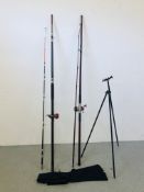 AN ABU TWO SECTION BEACH FISHING ROD ALONG WITH A FURTHER TWO SECTION BEACH FISHING ROD,