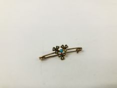 A "MURRLE BENNETT" 9CT GOLD TURQUOISE AND SEED PEARL BAR BROOCH.