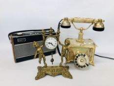 ROBERTS RADIO AND A VINTAGE BRASS CLOCK SURMOUNTED BY CHERUBS ALONG WITH A VINTAGE STYLE ONYX