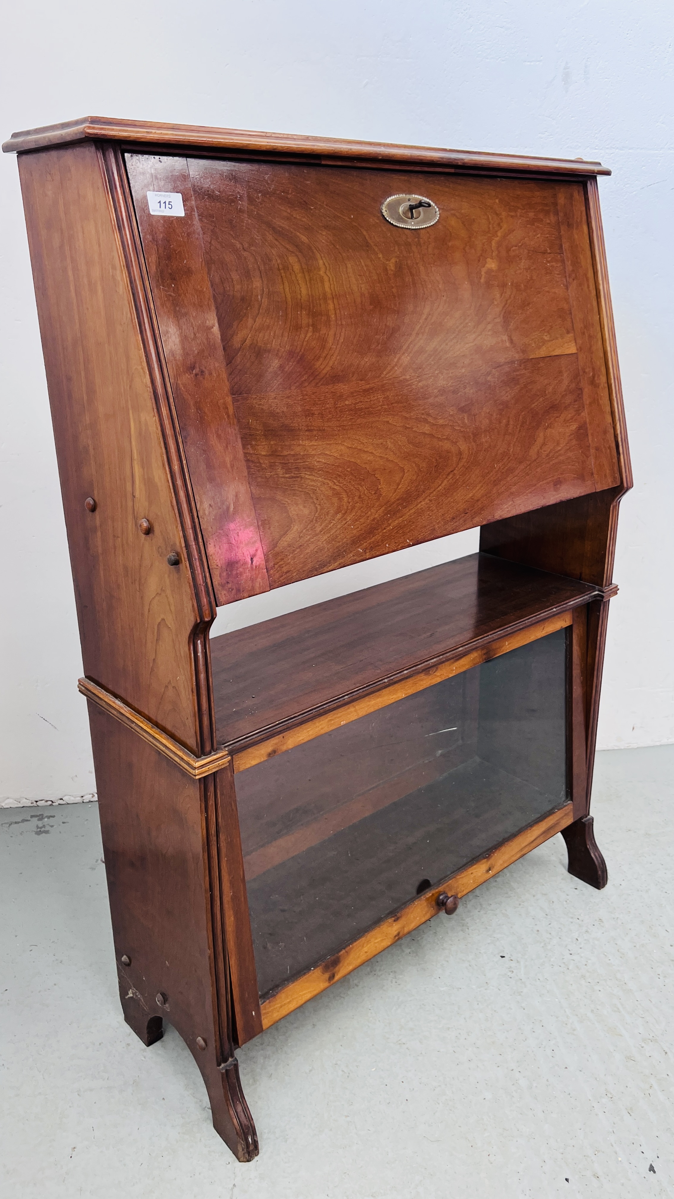 AN ANTIQUE MAHOGANY FALLING FRONT BUREAU WITH FITTED INTERIOR AND BOOKCASE BELOW W 84CM, D 32CM, - Image 7 of 10
