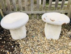 A PAIR OF STONEWORK STADLE STONE GARDEN FEATURES DIAMETER 45CM, HEIGHT 43CM.