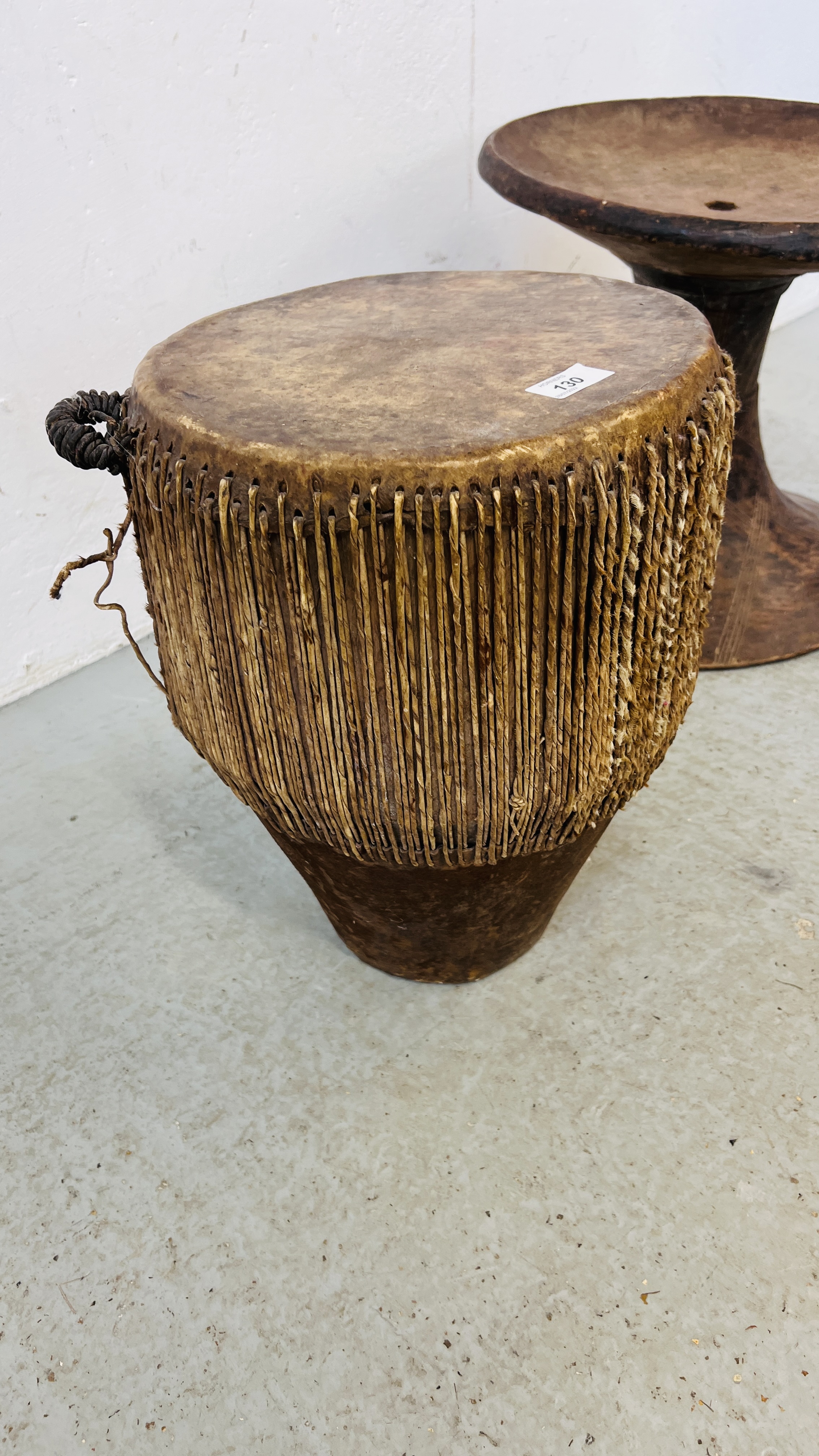 AN AFRICAN SKIN DRUM AND HAND CARVED AFRICAN STAND H 37CM, D 41CM. - Image 7 of 8