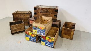A COLLECTION OF VINTAGE WOODEN BOXES AND PACKING CASES TO INCLUDE GREENE KING & SONS LTD.