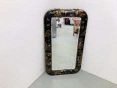 DECORATIVE VINTAGE ORIENTAL LACQUERED MIRROR WITH BEVELLED GLASS H 107CM X W 62CM.