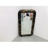 DECORATIVE VINTAGE ORIENTAL LACQUERED MIRROR WITH BEVELLED GLASS H 107CM X W 62CM.