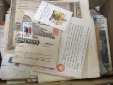 BOX OF MIXED EPHEMERA INCLUDING DOCUMENTS WITH REVENUE STAMPS ETC.