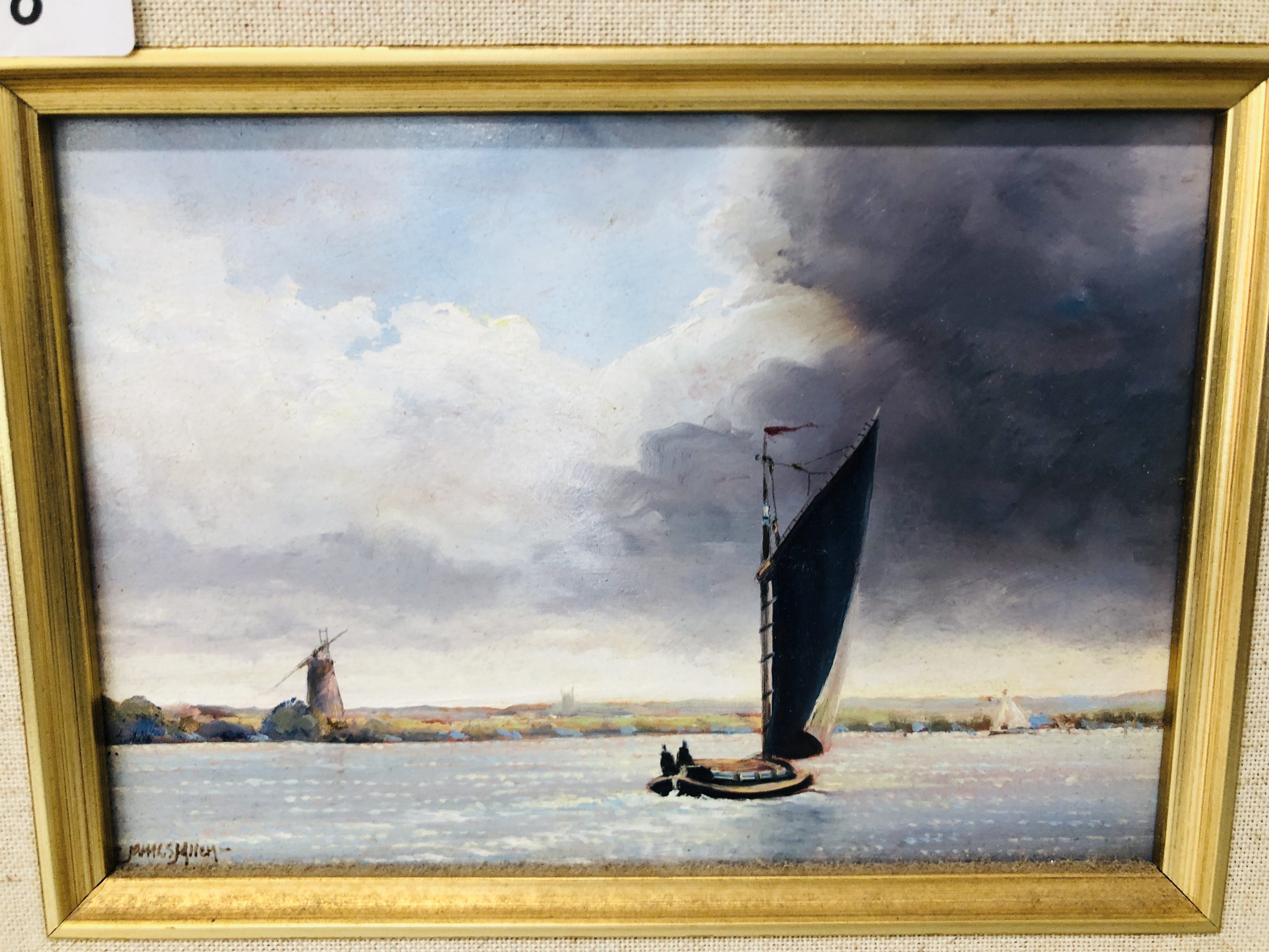 TWO ORIGINAL JAMES ALLEN OIL ON BOARDS "NORFOLK WHERRY" AND "MILL NR. HICKLING" NORFOLK - EACH 11. - Image 2 of 8