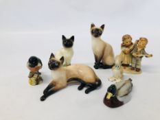 VARIOUS CABINET ORNAMENTS TO INCLUDE BESWICK MALLARD PAUL SCOTT, BESWICK BIRD AND CAT,