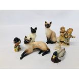 VARIOUS CABINET ORNAMENTS TO INCLUDE BESWICK MALLARD PAUL SCOTT, BESWICK BIRD AND CAT,