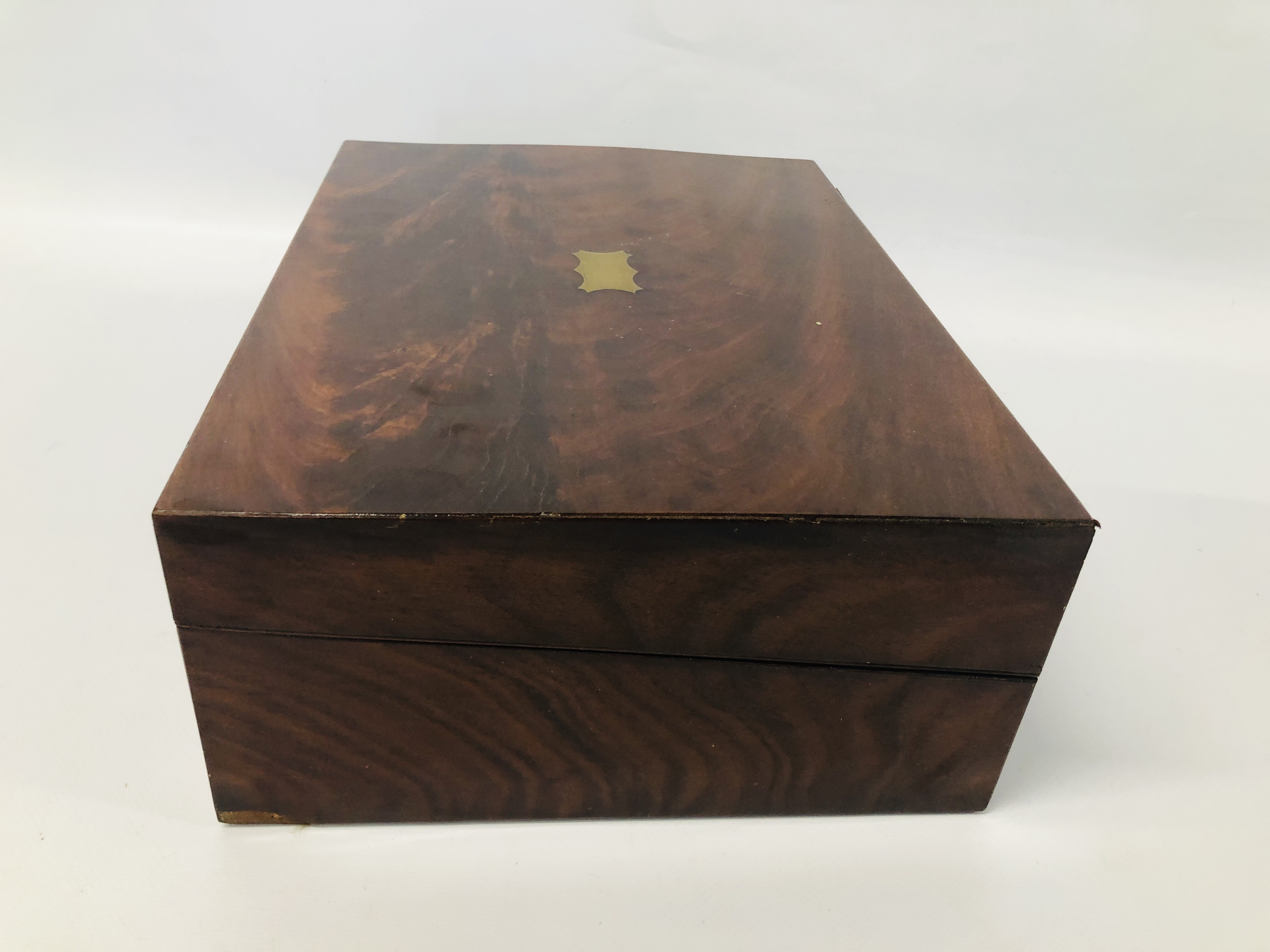 VINTAGE WALNUT WRITING BOX WITH BRASS BOUND DETAIL ALONG WITH A MAHOGANY EXAMPLE - REQUIRES - Image 10 of 12