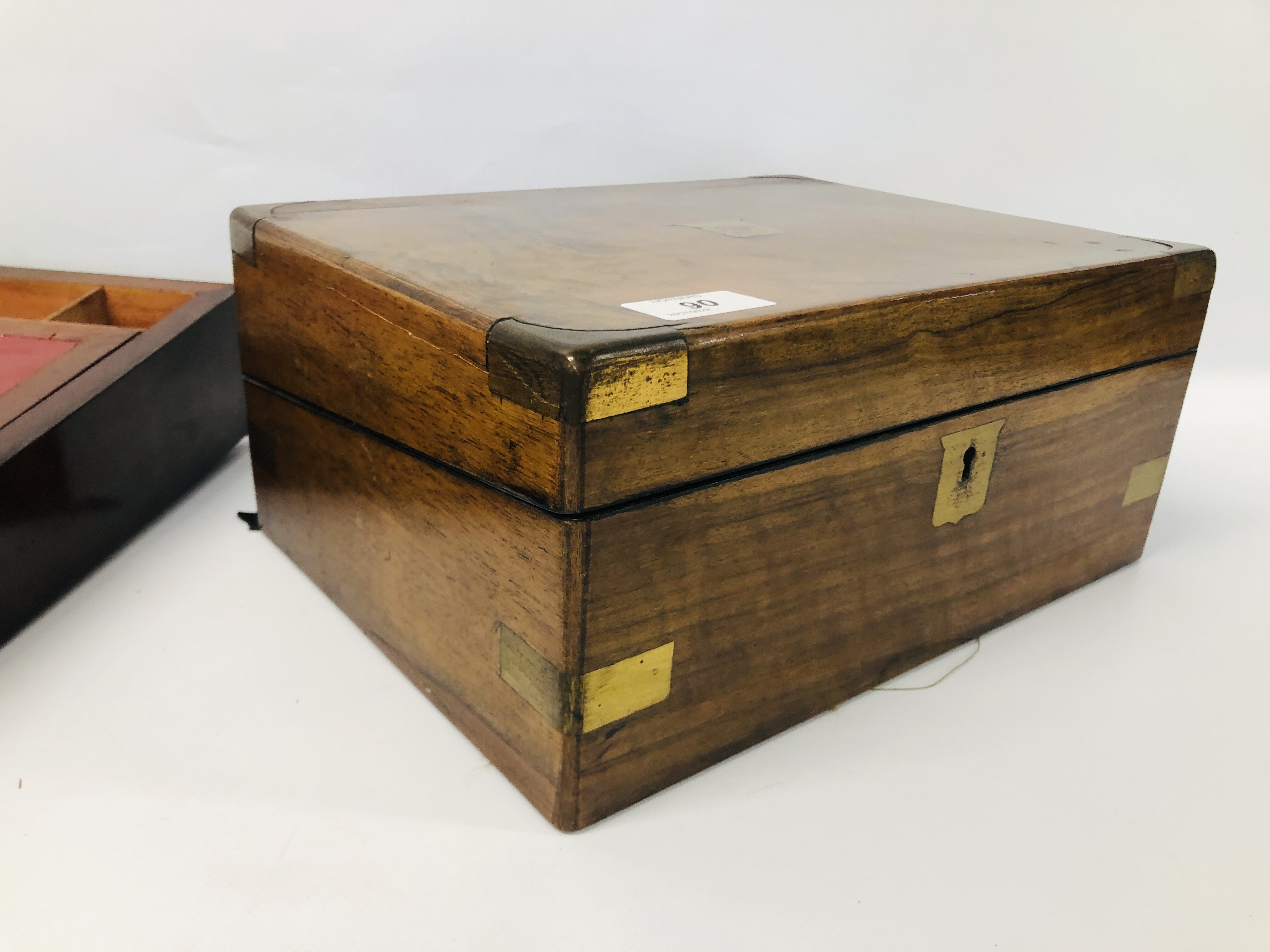 VINTAGE WALNUT WRITING BOX WITH BRASS BOUND DETAIL ALONG WITH A MAHOGANY EXAMPLE - REQUIRES - Image 5 of 12