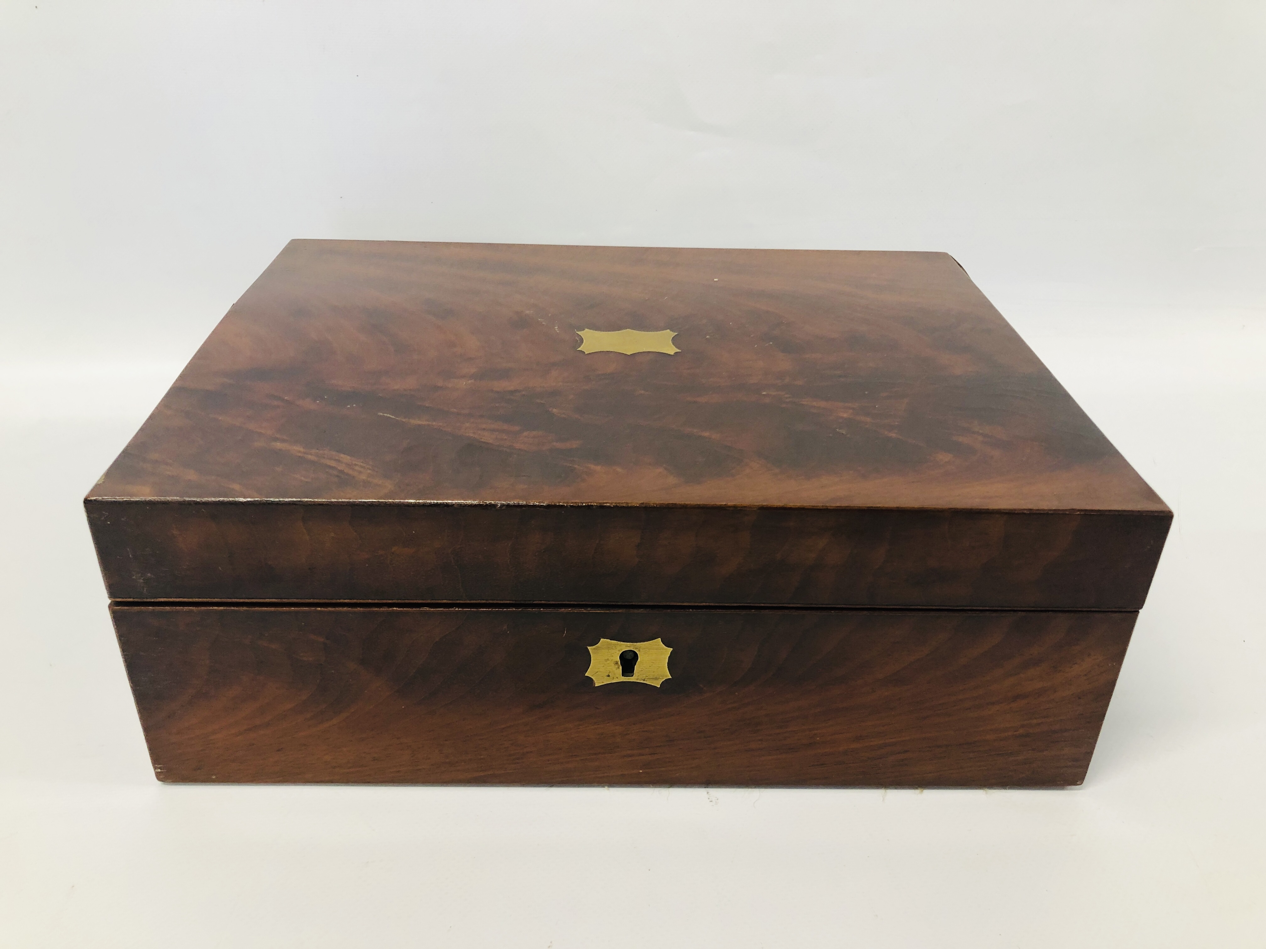 VINTAGE WALNUT WRITING BOX WITH BRASS BOUND DETAIL ALONG WITH A MAHOGANY EXAMPLE - REQUIRES - Image 9 of 12