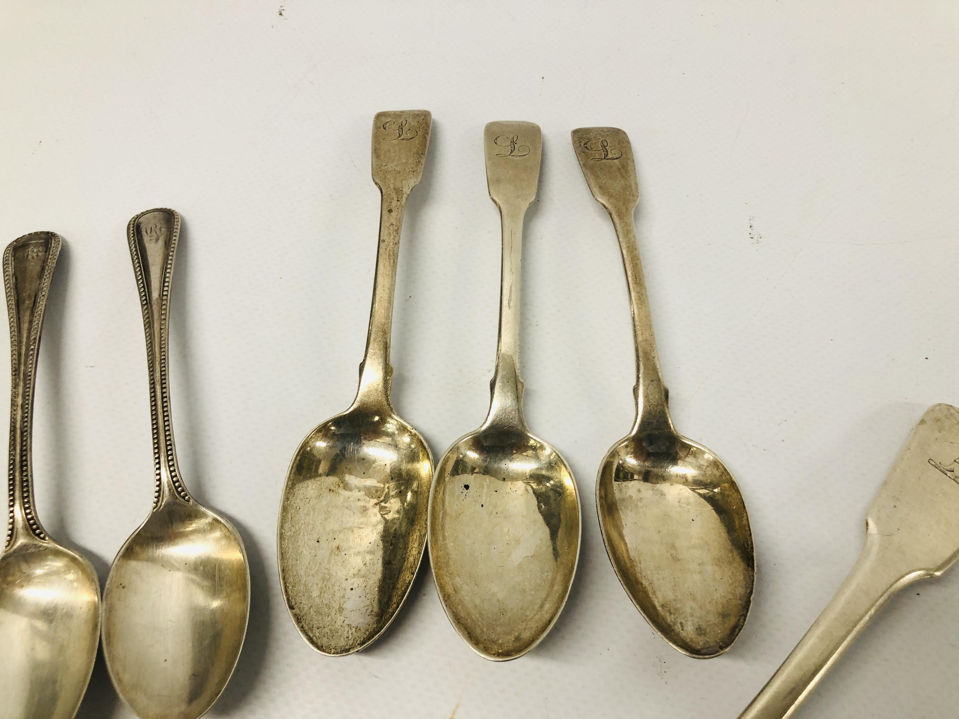 3 LARGE GEORGIAN SILVER FIDDLE PATTERN TEASPOONS, LONDON, ALONG WITH A JAM SPOON, EDINBURGH ASSAY, - Image 4 of 14