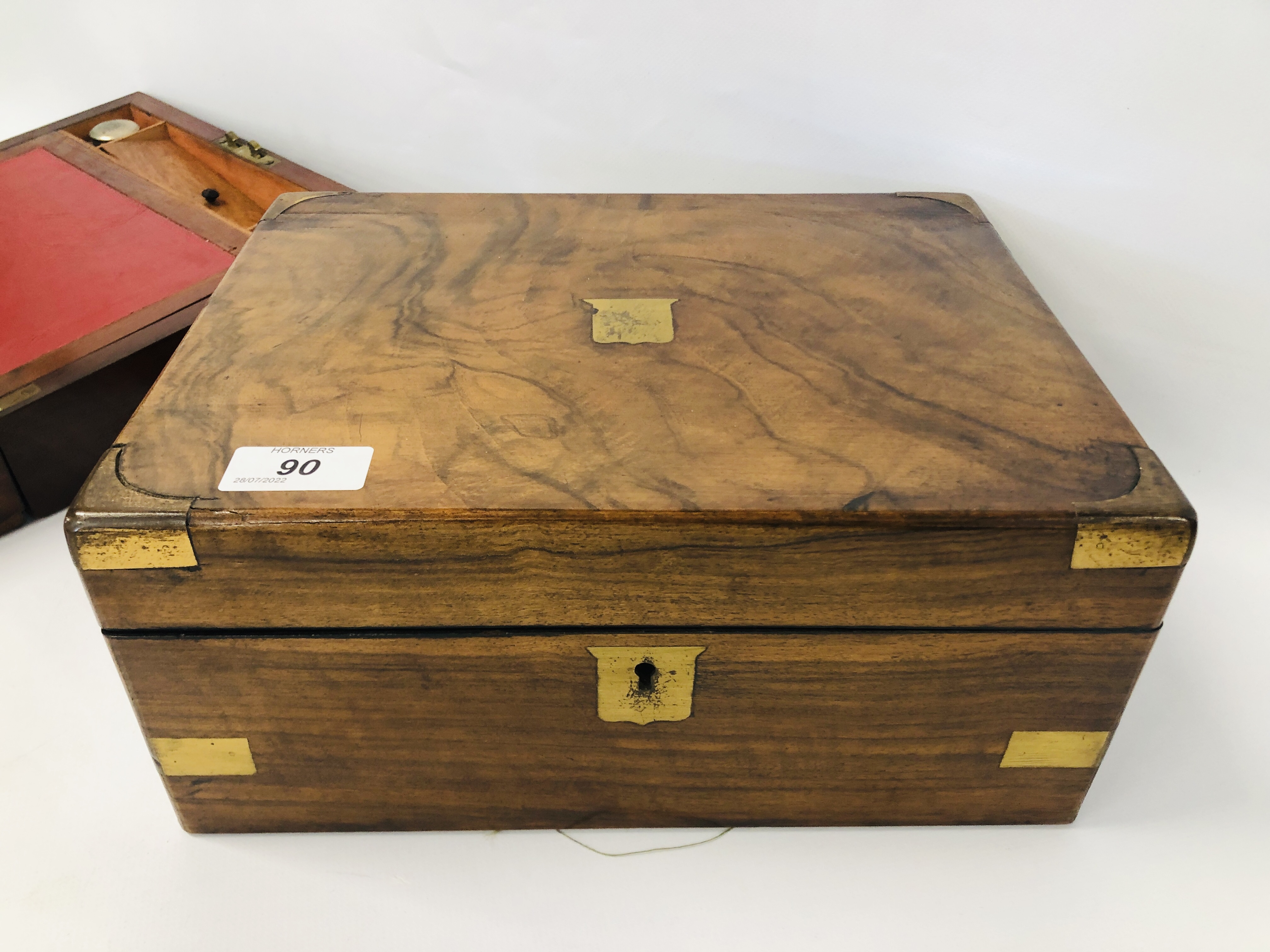 VINTAGE WALNUT WRITING BOX WITH BRASS BOUND DETAIL ALONG WITH A MAHOGANY EXAMPLE - REQUIRES - Image 6 of 12