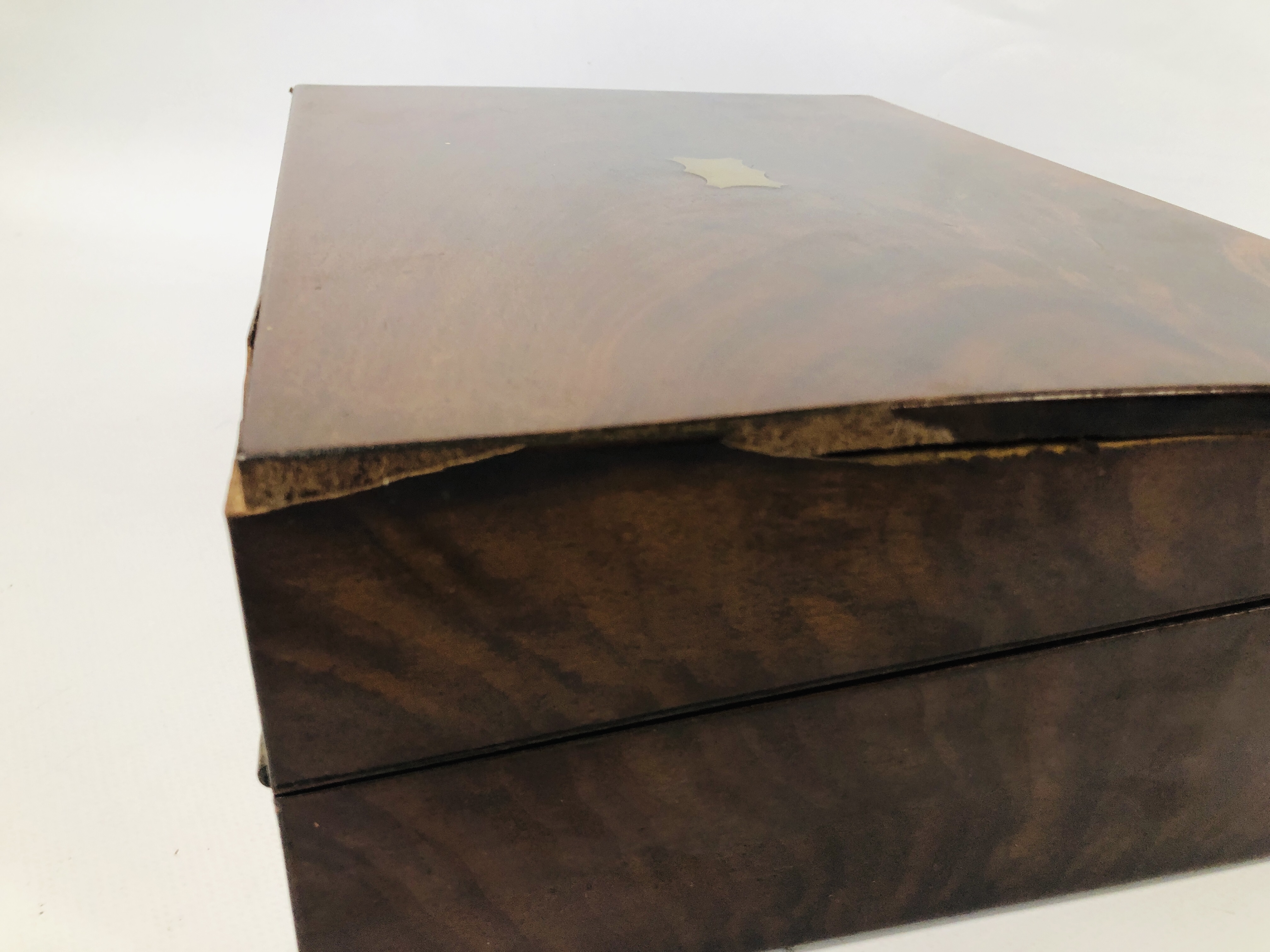 VINTAGE WALNUT WRITING BOX WITH BRASS BOUND DETAIL ALONG WITH A MAHOGANY EXAMPLE - REQUIRES - Image 12 of 12