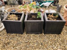 THREE WOODEN EFFECT BOX PLANTERS 39 X 39 X 39CM.