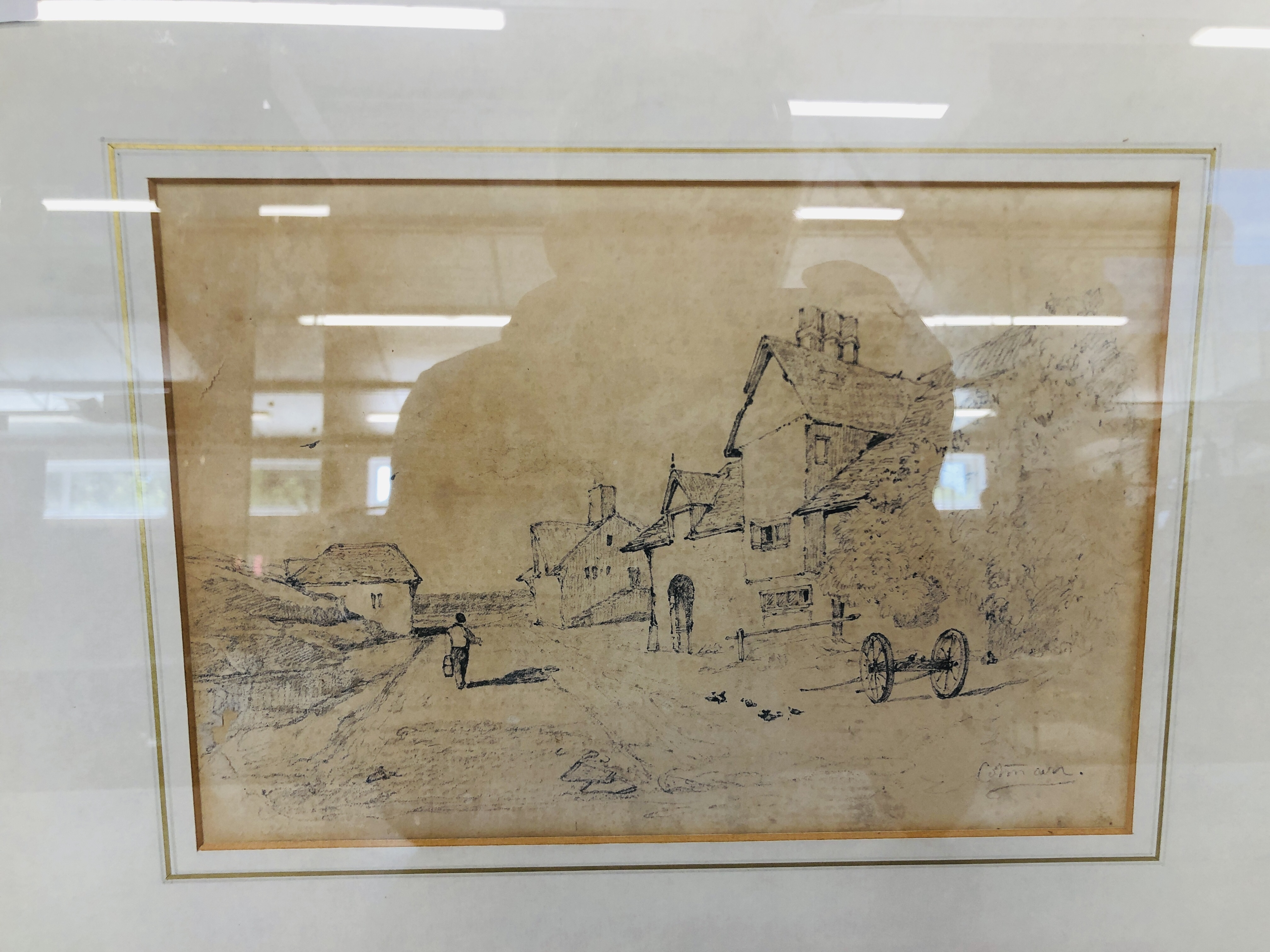 A FRAMED AND MOUNTED PENCIL SKETCH OF VILLAGE SCENE ATTRIBUTED TO COTMAN SOME DAMAGE 18.5CM. - Image 2 of 10