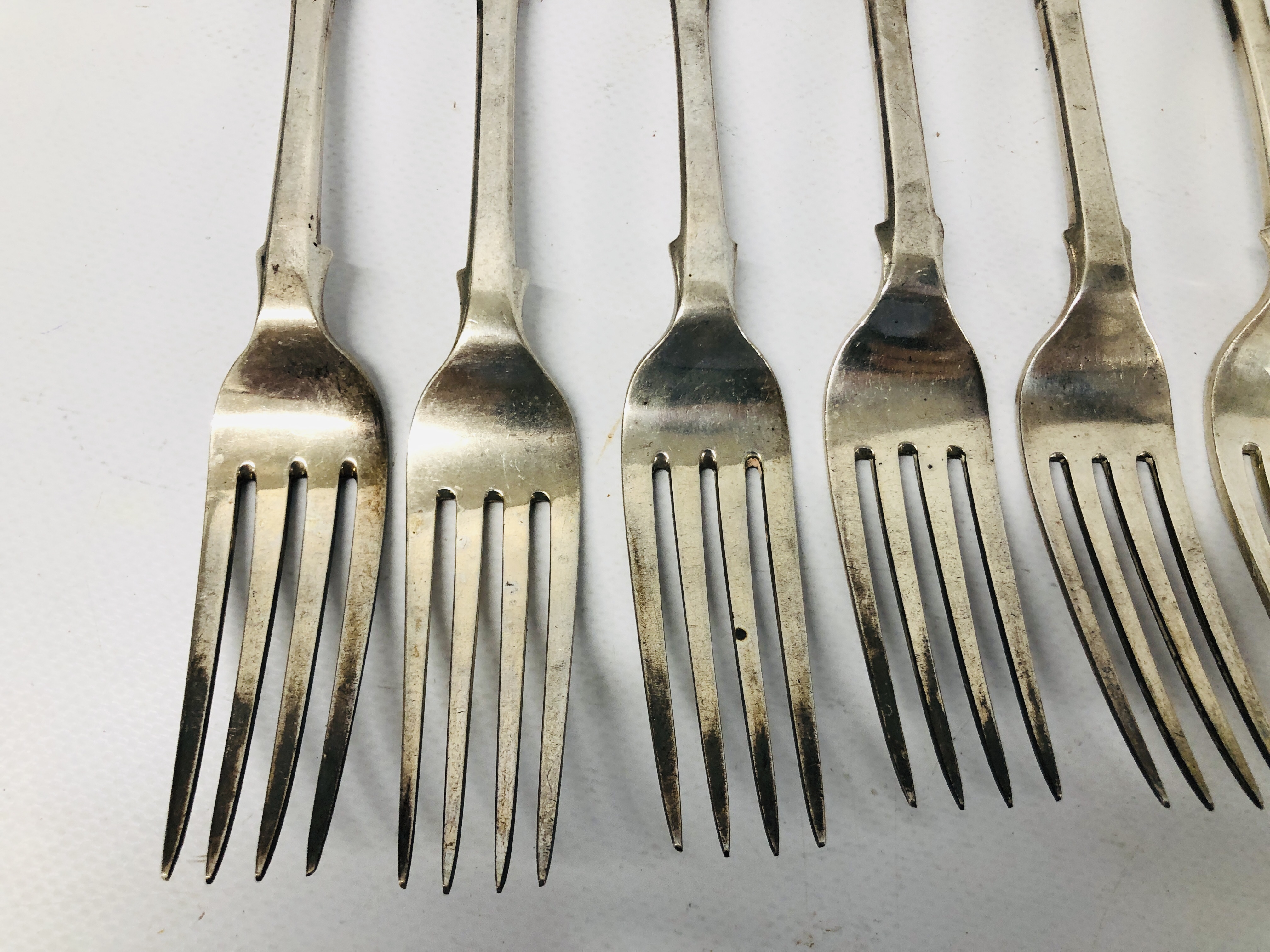 EIGHT ANTIQUE SILVER FORKS (6 LARGER, 2 SMALLER) LONDON ASSAY MARKED G.A. - Image 6 of 13