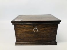 A 1920's OAK LOCKABLE DOCUMENT BOX - CABINET W 27CM, D 19CM, H 17CM.