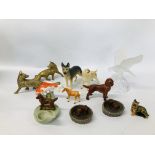 A COLLECTION OF CABINET ORNAMENTS TO INCLUDE BESWICK GOLDEN LABRADOR DOG, BESWICK ALSATIAN,