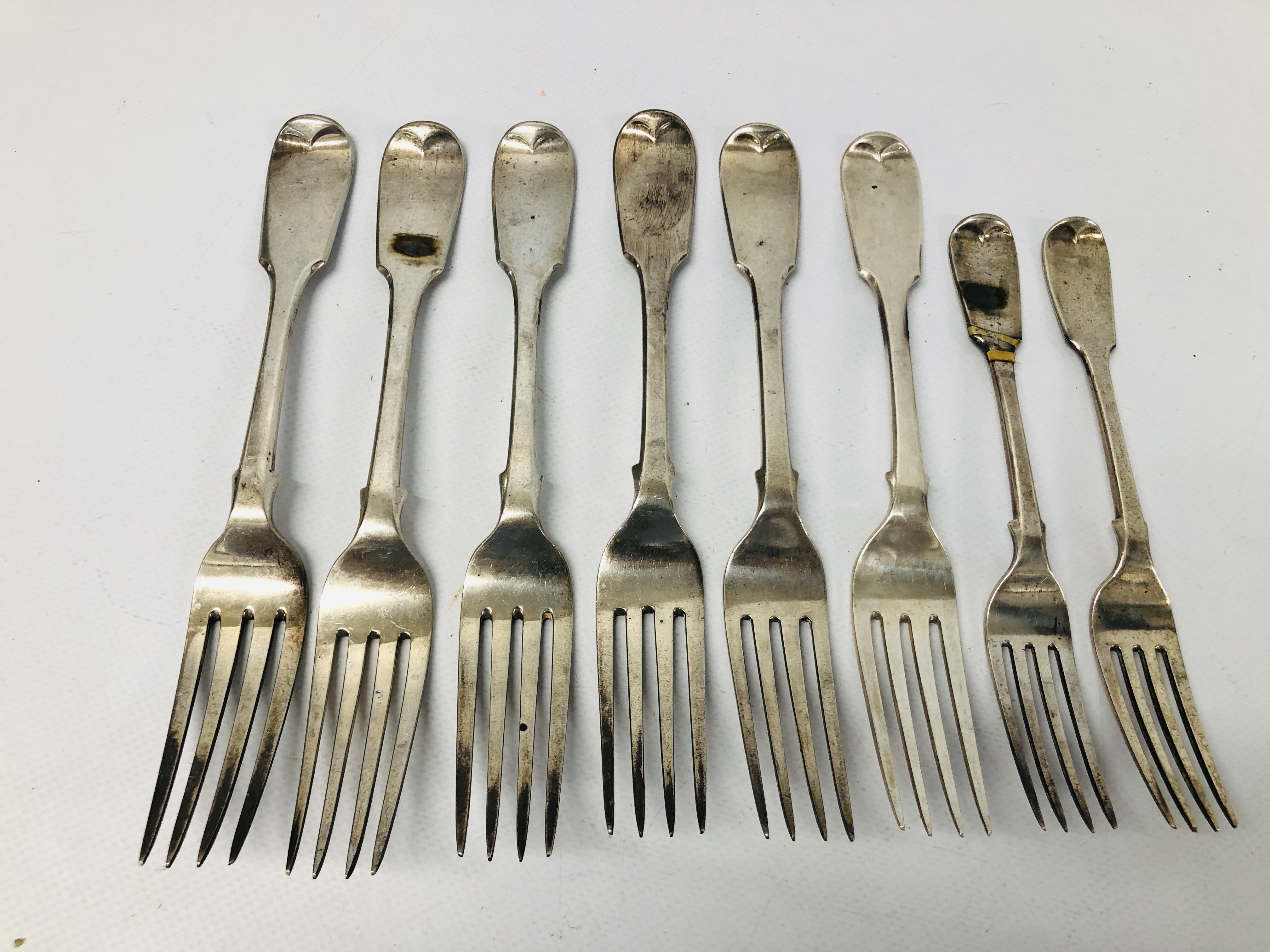 EIGHT ANTIQUE SILVER FORKS (6 LARGER, 2 SMALLER) LONDON ASSAY MARKED G.A. - Image 2 of 13