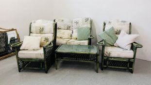 FIVE PIECE GREEN CANE CONSERVATORY SUITE COMPRISING OF TWO SEATER SOFA,