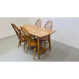 A RARE ERCOL CC41 PLANK DINING TABLE AND SET OF FOUR HOOP BACK DINING CHAIRS (TABLE 137 X 66CM.