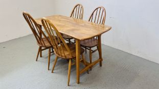 A RARE ERCOL CC41 PLANK DINING TABLE AND SET OF FOUR HOOP BACK DINING CHAIRS (TABLE 137 X 66CM.