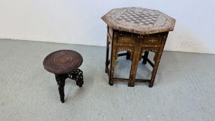AN INLAID INDIAN HARDWOOD OCCASIONAL TABLE OCTAGONAL TOP, FOLDING BASE W 51CM,