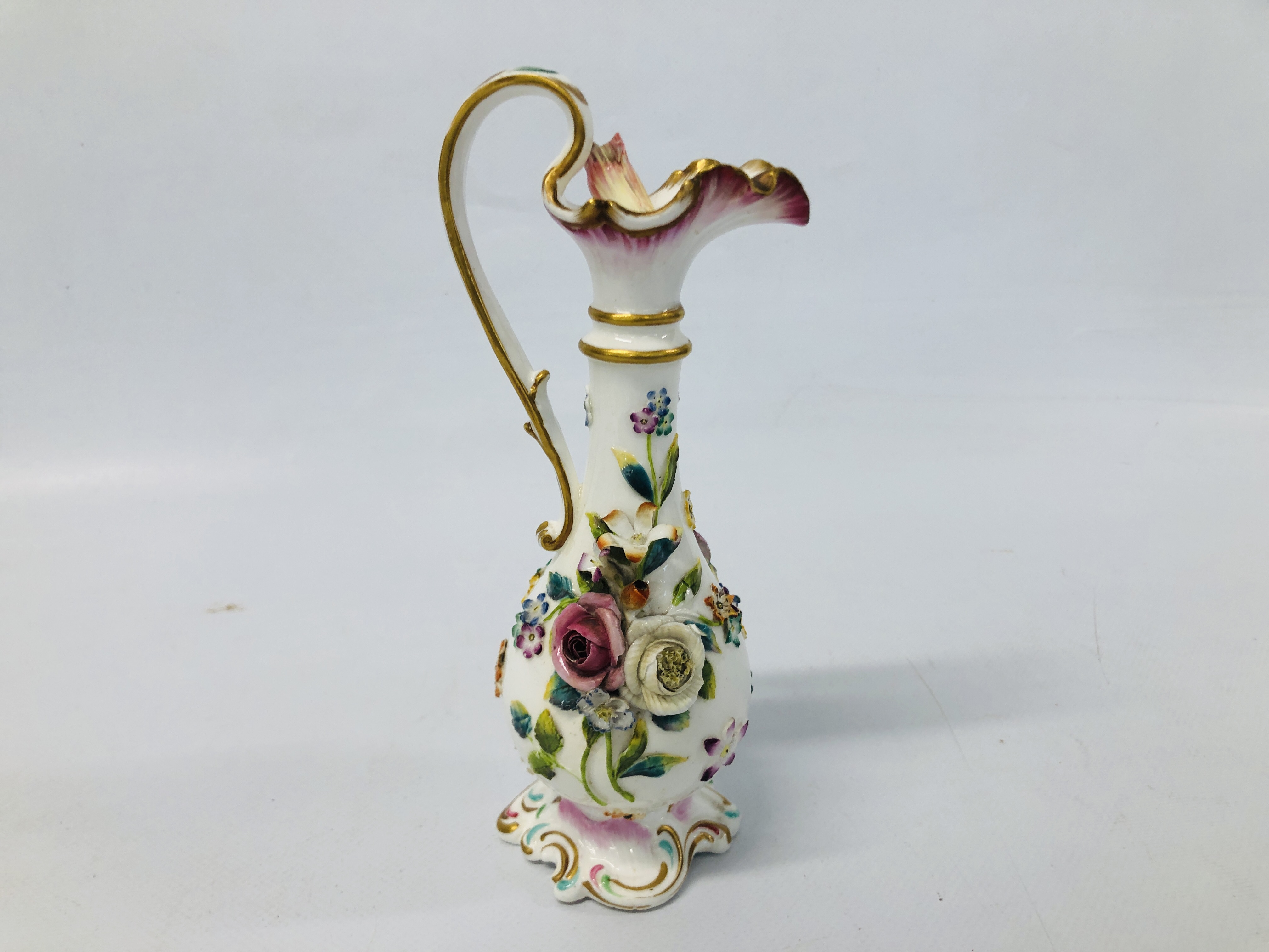 TWO C19TH STAFFORDSHIRE FLOWER ENCRUSTED TWO HANDLED VASES (ONE WITH RESTORED TOP THE OTHER WITH - Image 19 of 26