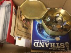 BOX WITH FIRST DAY COVERS IN AN ALBUM AND LOOSE, STAMPS IN ALBUM AND LOOSE, TIN OF COINS, ETC.
