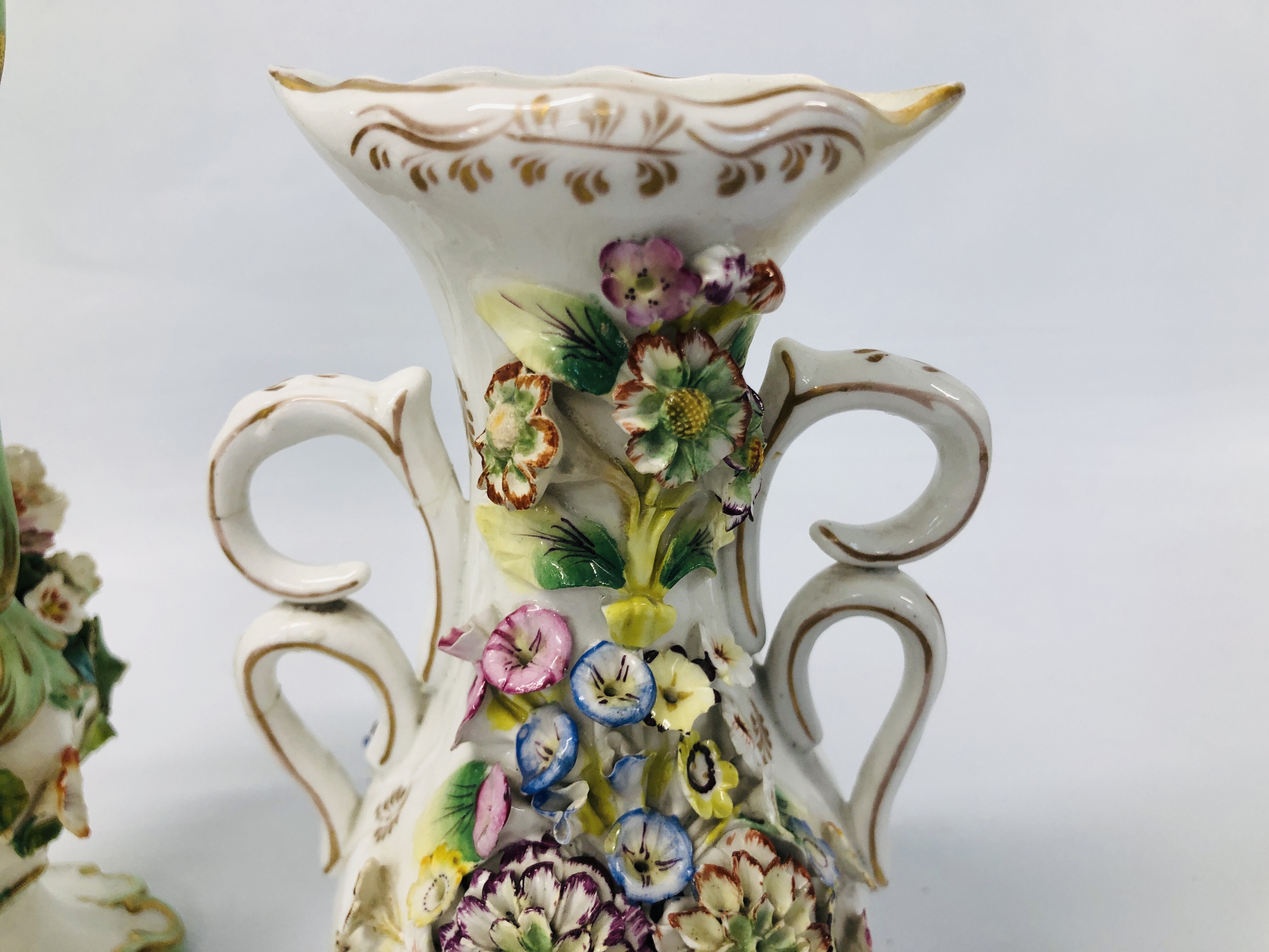 TWO C19TH STAFFORDSHIRE FLOWER ENCRUSTED TWO HANDLED VASES (ONE WITH RESTORED TOP THE OTHER WITH - Image 6 of 26