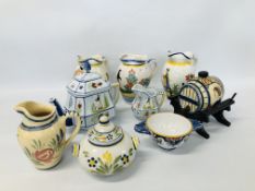 COLLECTION OF NINE PIECES OF MAINLY QUIMPER WARE TO INCLUDE A TEAPOT, BARREL AND STAND,