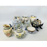 COLLECTION OF NINE PIECES OF MAINLY QUIMPER WARE TO INCLUDE A TEAPOT, BARREL AND STAND,