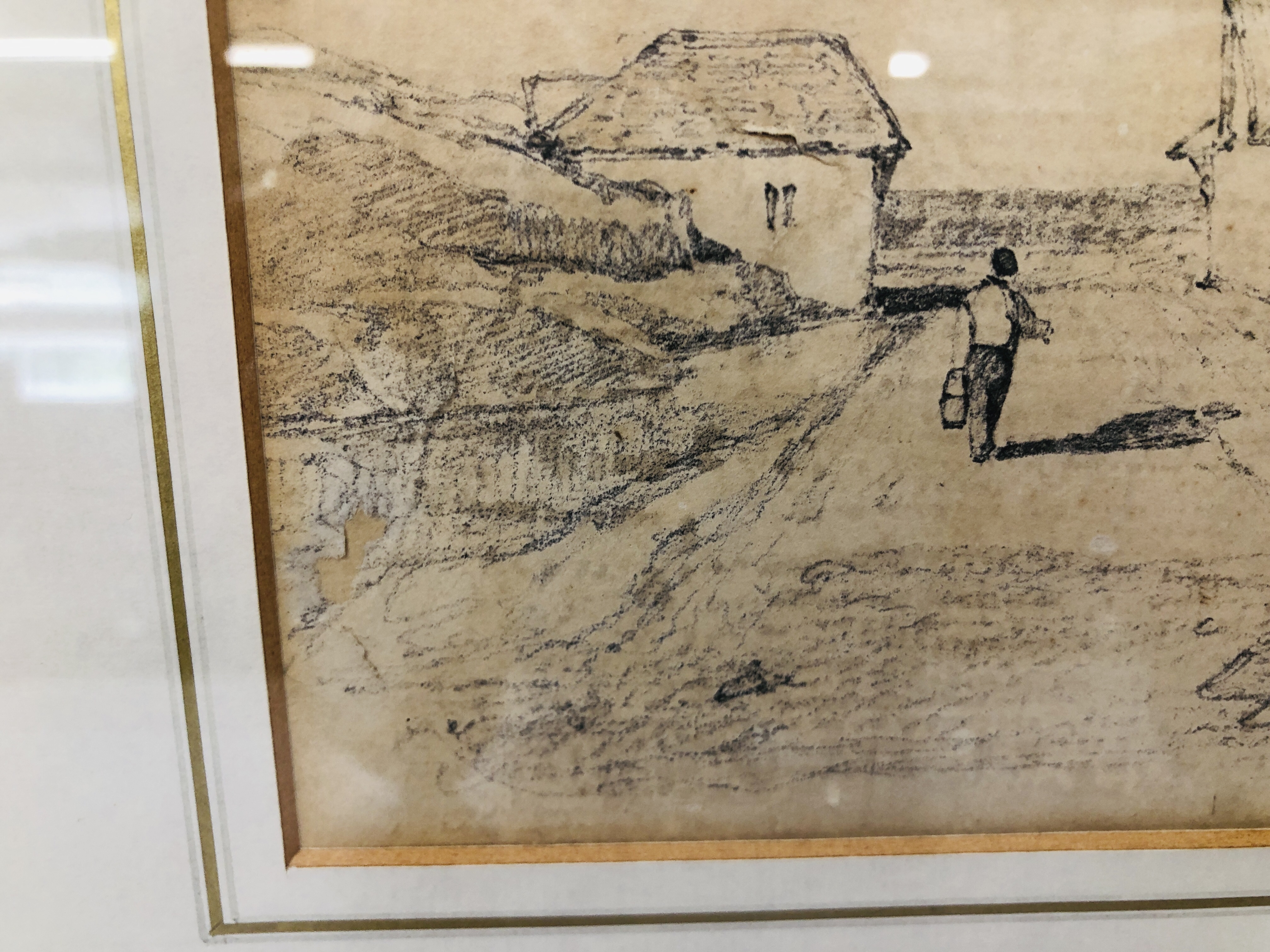 A FRAMED AND MOUNTED PENCIL SKETCH OF VILLAGE SCENE ATTRIBUTED TO COTMAN SOME DAMAGE 18.5CM. - Image 3 of 10