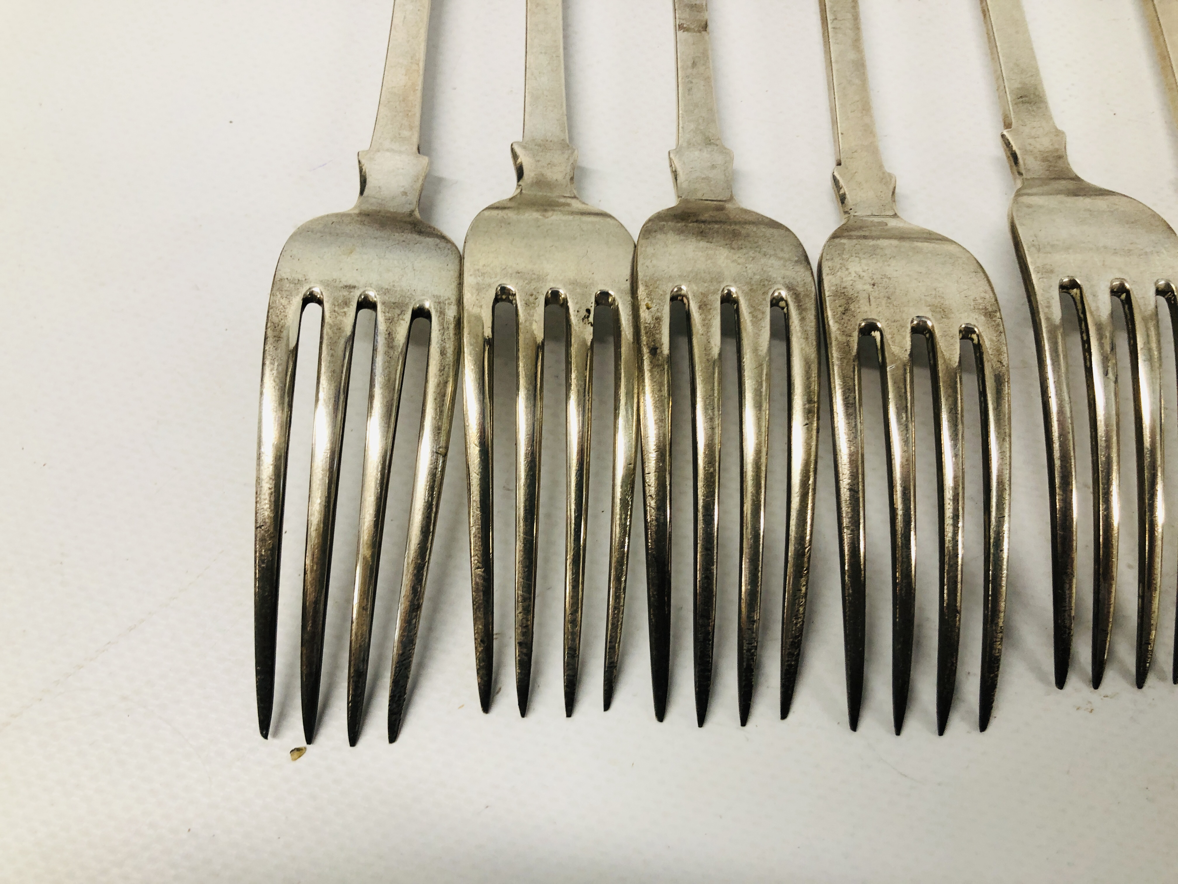 EIGHT ANTIQUE SILVER FORKS (6 LARGER, 2 SMALLER) LONDON ASSAY MARKED G.A. - Image 12 of 13