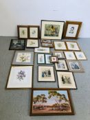 BOX OF ASSORTED PRINTS AND WATERCOLOURS TO INCLUDE STILL LIFE AND FASHION PRINTS,