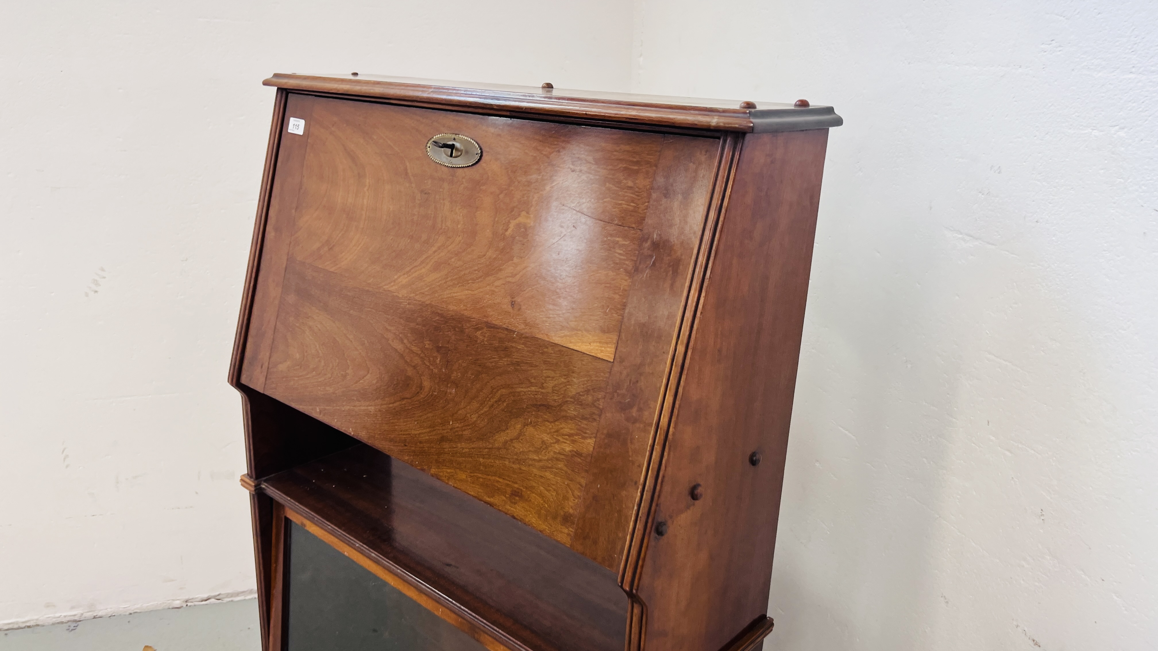 AN ANTIQUE MAHOGANY FALLING FRONT BUREAU WITH FITTED INTERIOR AND BOOKCASE BELOW W 84CM, D 32CM, - Image 2 of 10