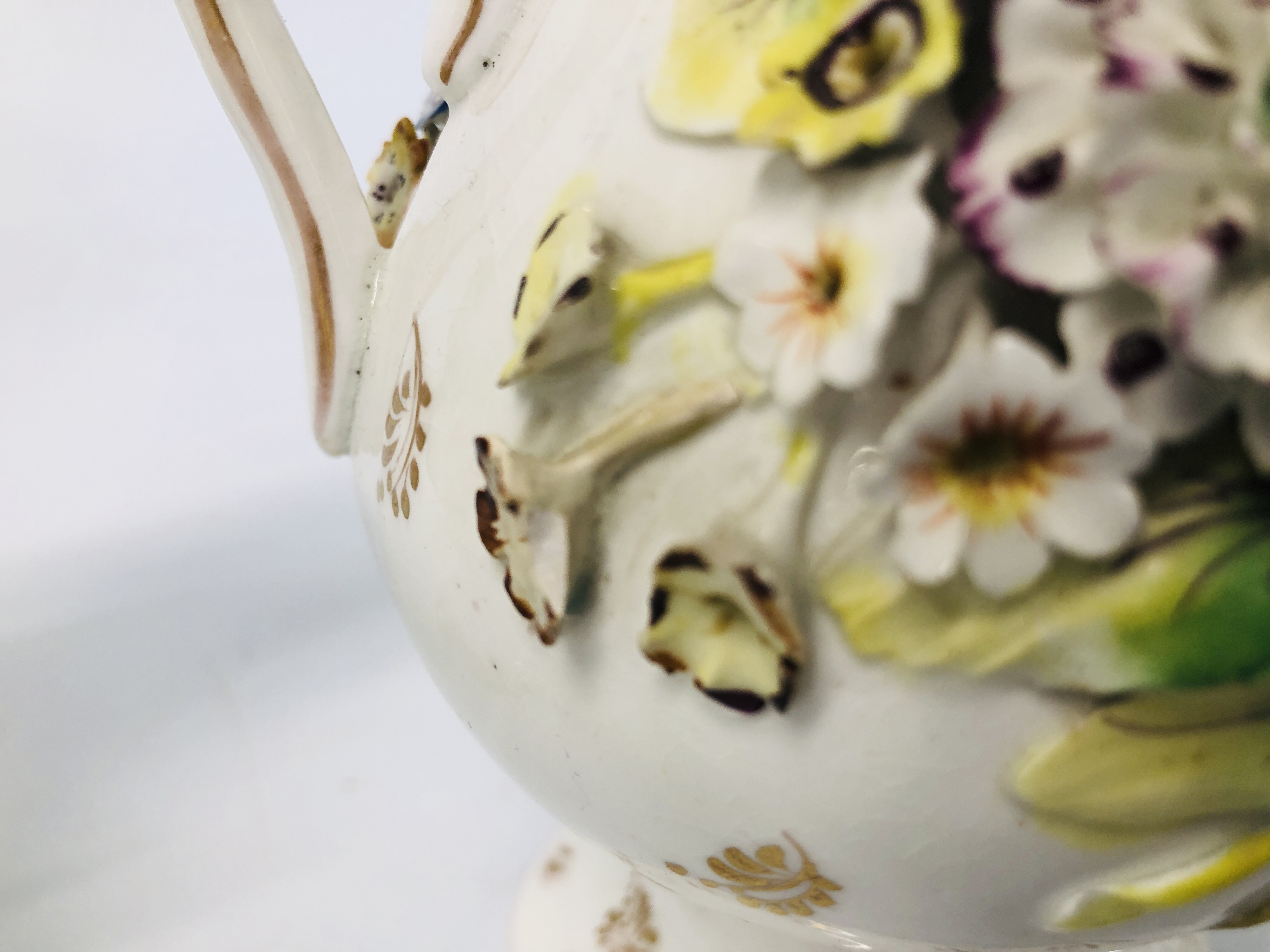 TWO C19TH STAFFORDSHIRE FLOWER ENCRUSTED TWO HANDLED VASES (ONE WITH RESTORED TOP THE OTHER WITH - Image 5 of 26