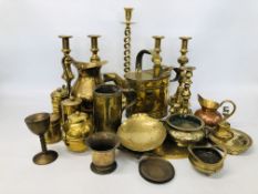 BOX OF GOOD QUALITY VINTAGE BRASS WARE TO INCLUDE CANDLESTICKS, CANISTERS, ORIENTAL DECORATED,