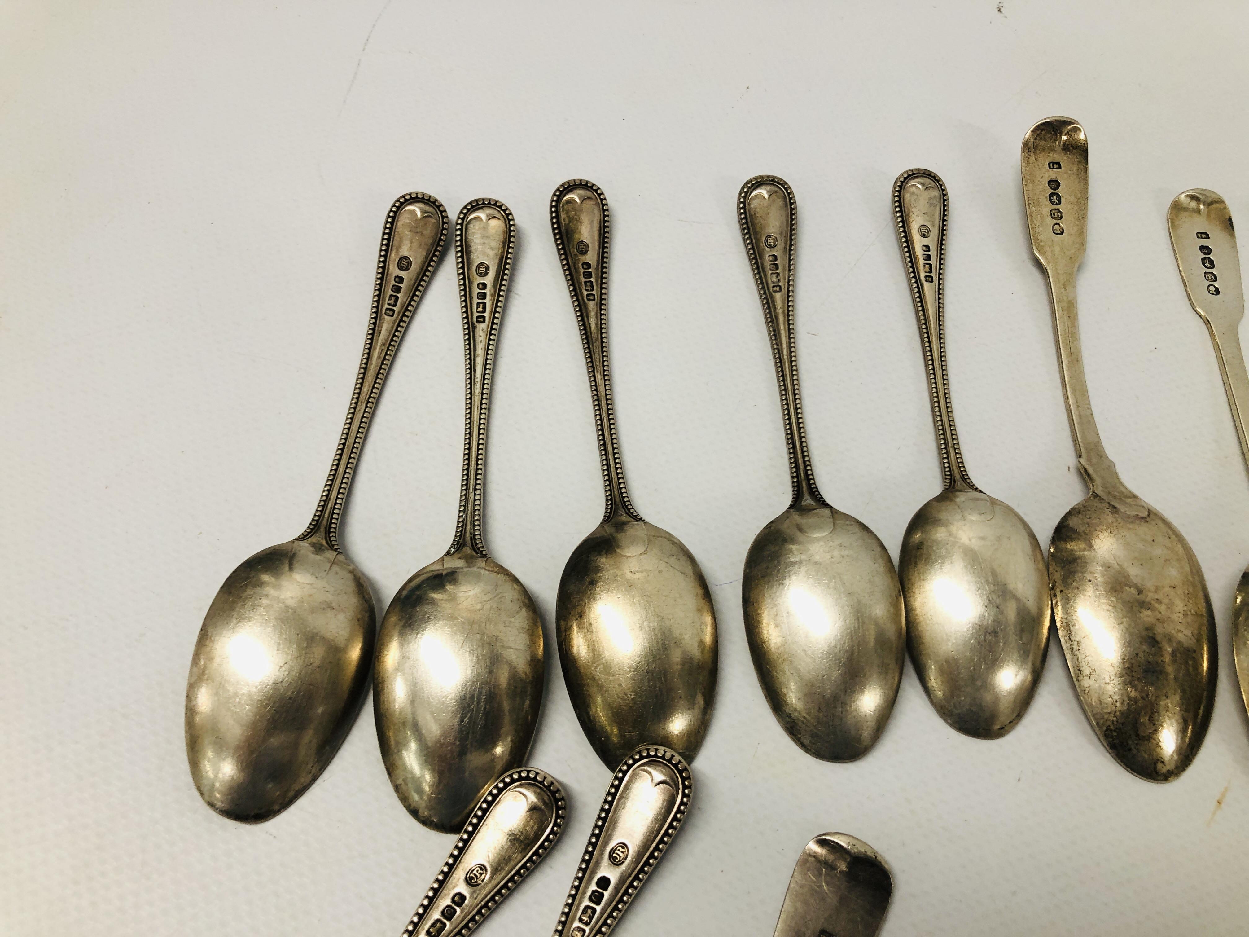 3 LARGE GEORGIAN SILVER FIDDLE PATTERN TEASPOONS, LONDON, ALONG WITH A JAM SPOON, EDINBURGH ASSAY, - Image 9 of 14